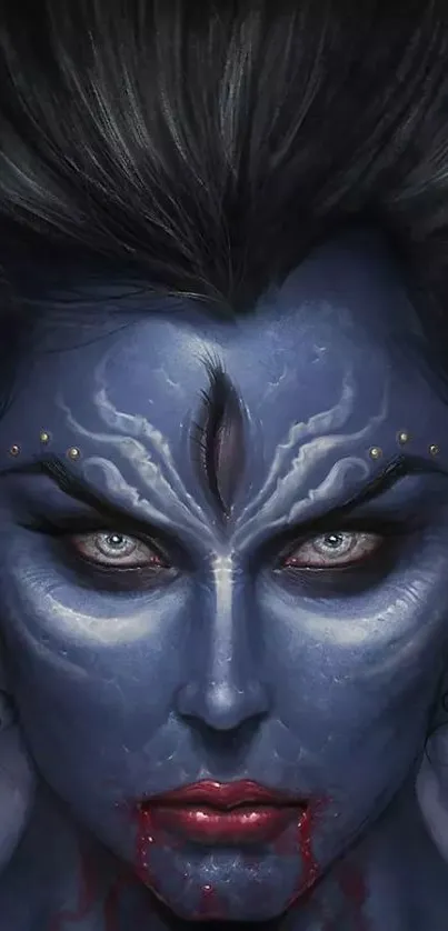 A mysterious and artistic blue face with deep gaze on mobile wallpaper.