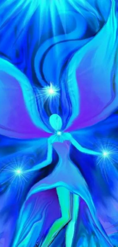 Ethereal fairy with glowing blue wings in mystical artwork.