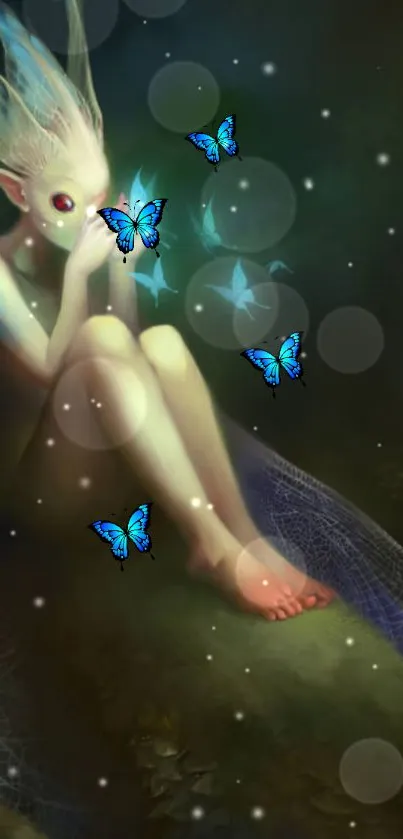 A mystical fairy with blue butterflies and a dreamlike aura on a dark background.