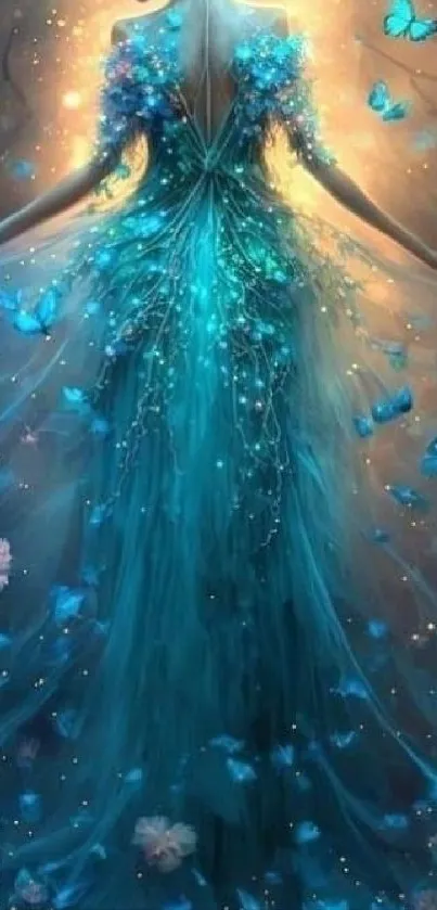 Mystical blue fairy amidst glowing butterflies and magical light.