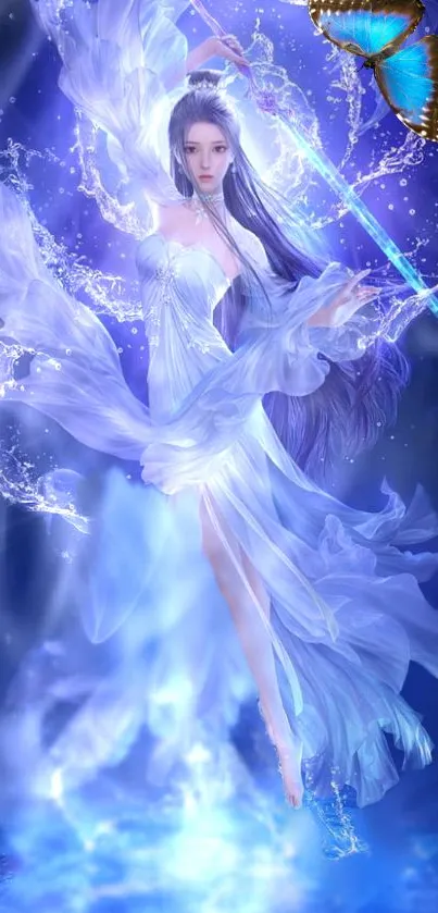 Fantasy figure with blue light and butterfly theme.