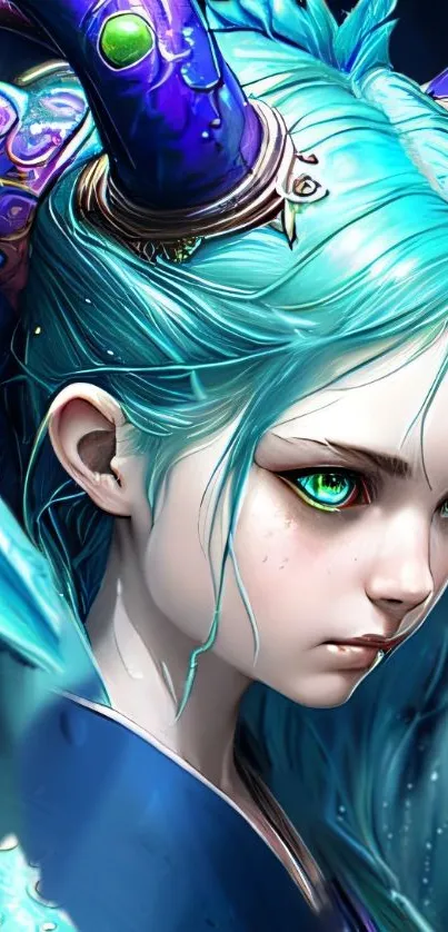 Mystical fantasy character with blue hair and horns, vibrant art for mobile wallpaper.