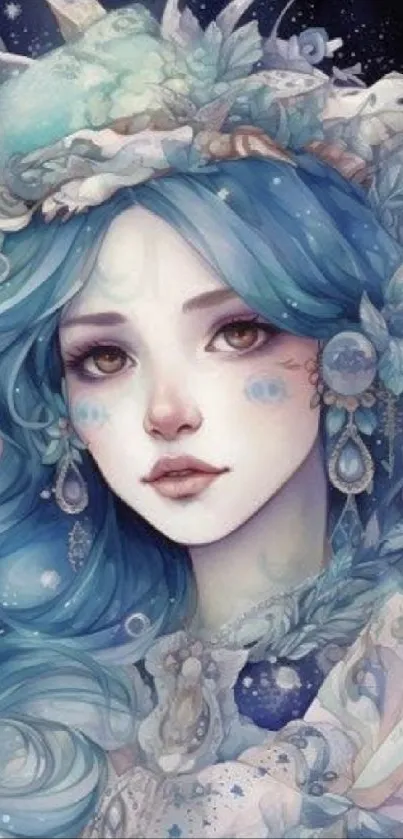 Mystical fantasy artwork in blue hues with a magical character.