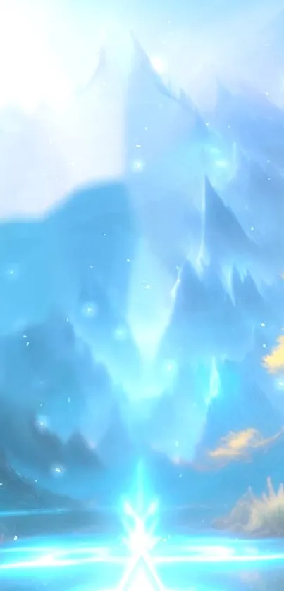 Ethereal blue fantasy landscape with radiant light and mountains.