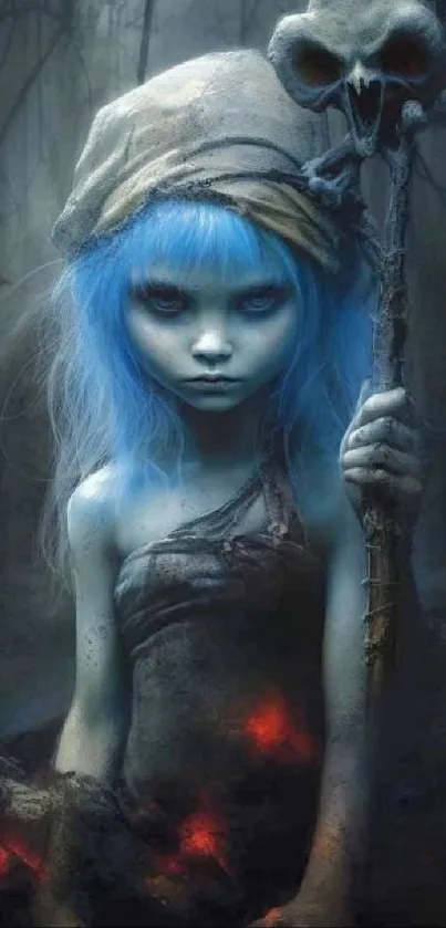 Mysterious blue-hued fantasy character holding a staff in a dark mystical setting.