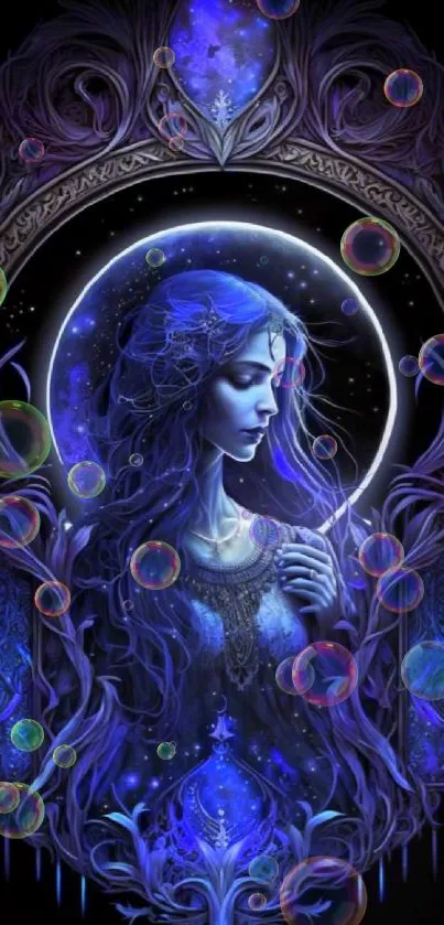 Mystical blue fantasy art wallpaper with serene figure.