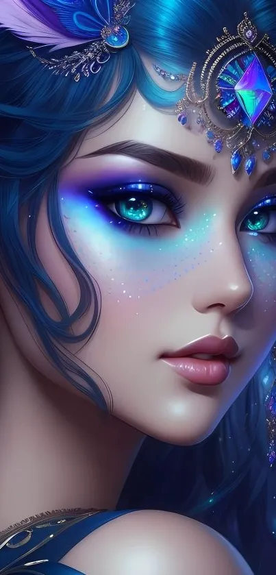 Blue-haired fantasy character with jewels in a mystical art piece.