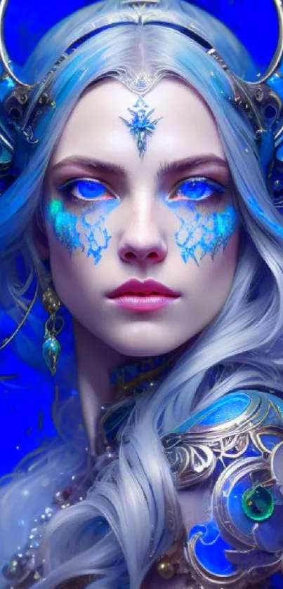 Mystical character in vibrant blue fantasy art with intricate details.