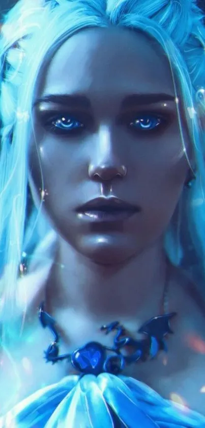 Ethereal character with glowing blue eyes in a fantasy art wallpaper.