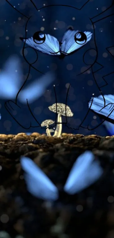 Fantasy art with blue butterflies and glowing mushrooms.