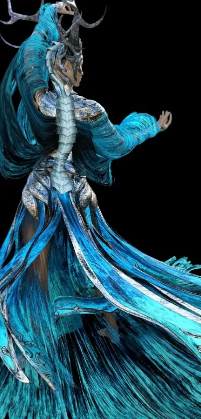 Fantasy character in flowing blue attire.