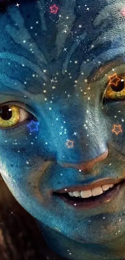 Fantasy face art wallpaper with blue tones and stars.