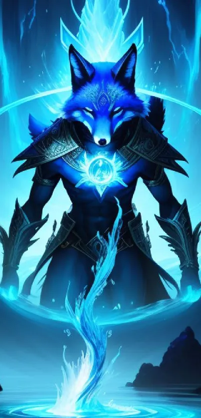 Mystical blue fox with glowing armor in fantasy artwork.