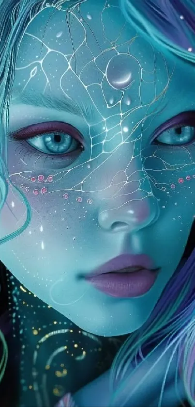 Mystical blue fantasy portrait wallpaper with a futuristic touch.