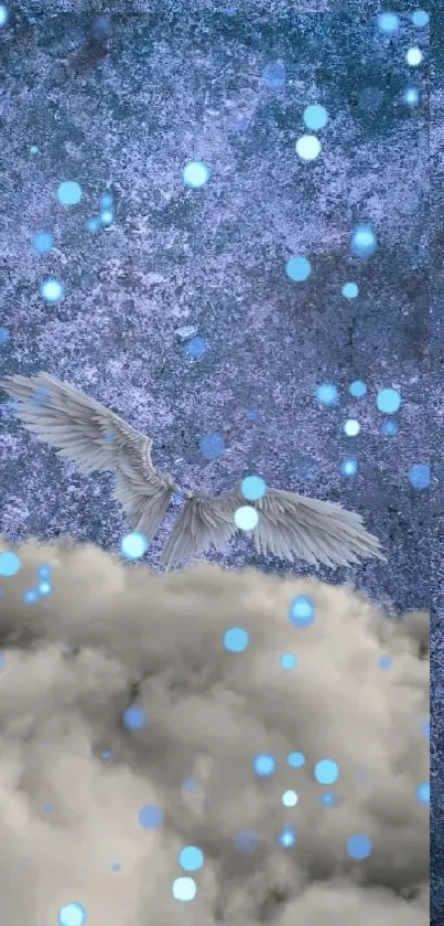 Mystical blue fantasy wallpaper with clouds and wings.