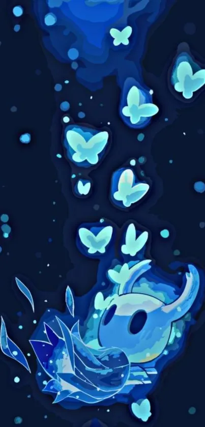 Mystical blue wallpaper with glowing butterflies