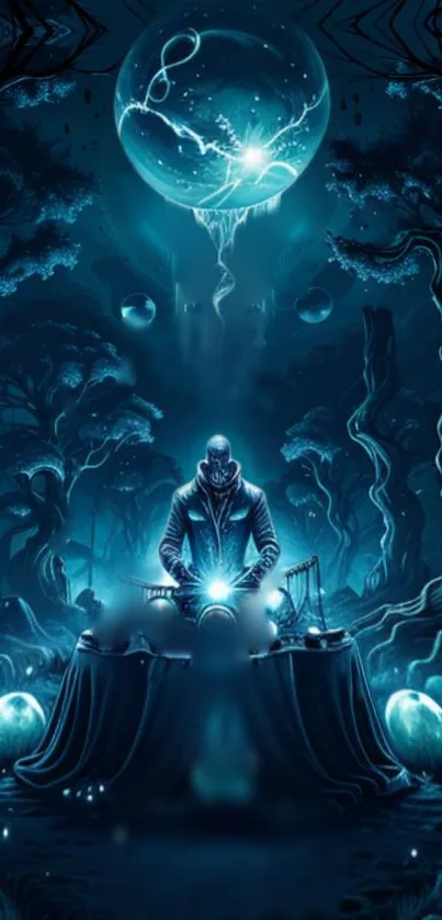 Mystical blue fantasy wallpaper with glowing orb and enigmatic figure.