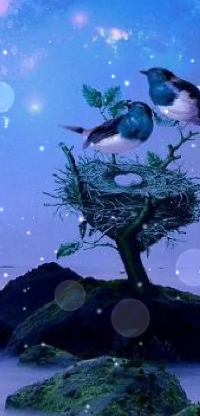 Fantasy landscape with birds on a nest under a blue cosmic sky.