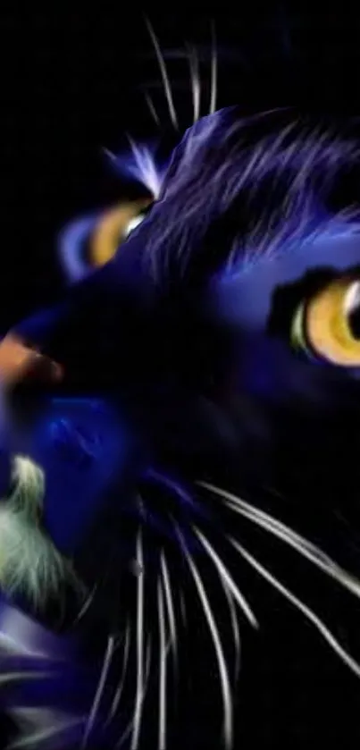 Close-up of a blue cat with a luminous eye against a dark background.