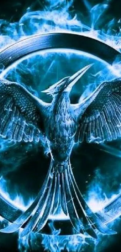 Blue fire bird with wings spread, in a mystical and fiery design.