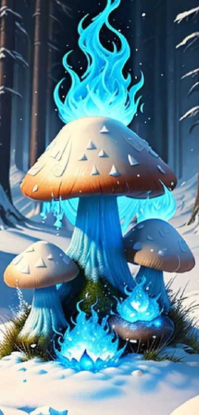 Mystical blue flame mushrooms in snowy forest.