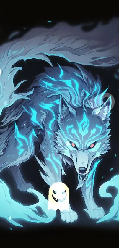 Digital art of a wolf surrounded by mystical blue flames on a dark background.