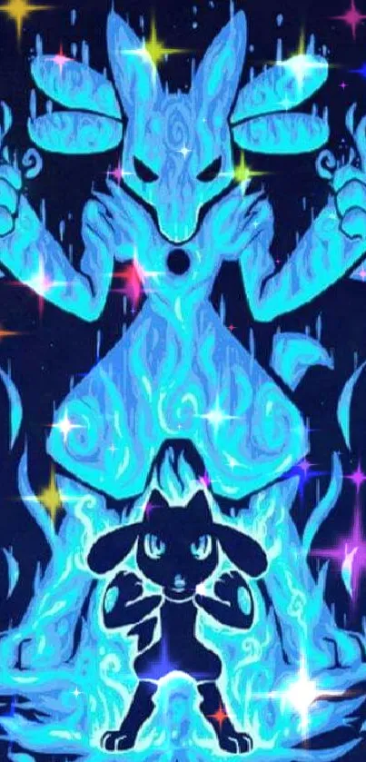 Mystical creature artwork with vibrant blue flames.