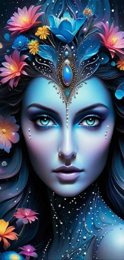 Mystical blue fantasy portrait with vibrant flowers.