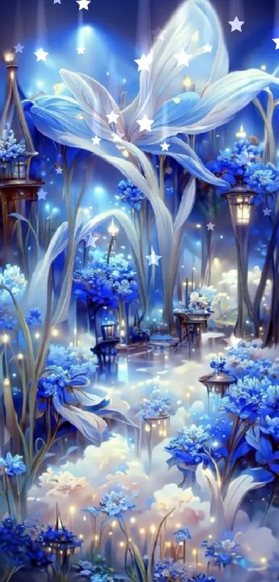 A mystical blue flower garden with glowing lights and elegant fantasy style.