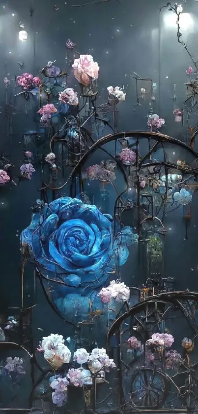 Mystical wallpaper with blue roses on a dark background.