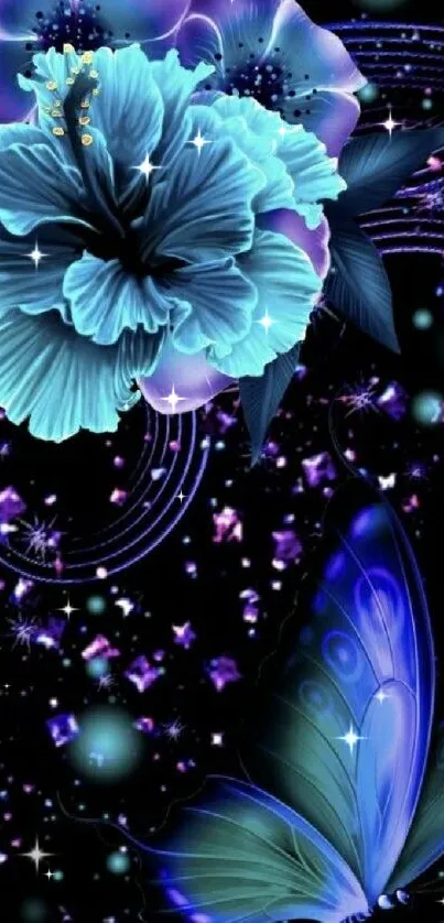 Mystical blue floral and butterfly mobile wallpaper.