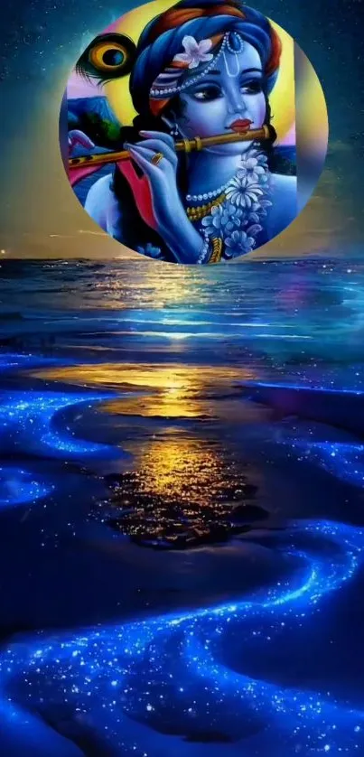 Mystical figure playing flute over glowing blue ocean wallpaper