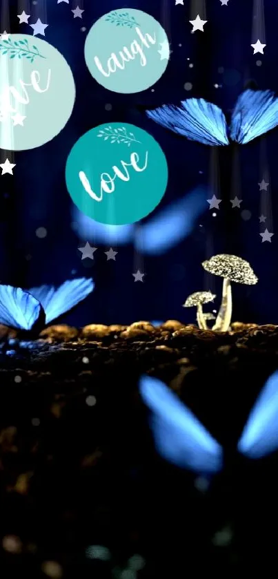 Mystical blue forest with butterflies and glowing mushrooms.