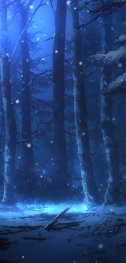 Snow falling in a mystical blue forest under moonlight.