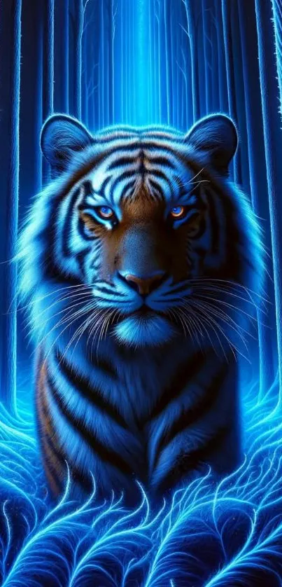 Mystical tiger glowing blue in a forest