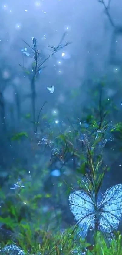 Mystical blue forest with butterflies glowing softly at night.