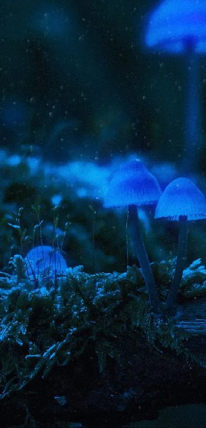 Ethereal blue forest with glowing mushrooms and alien figure.