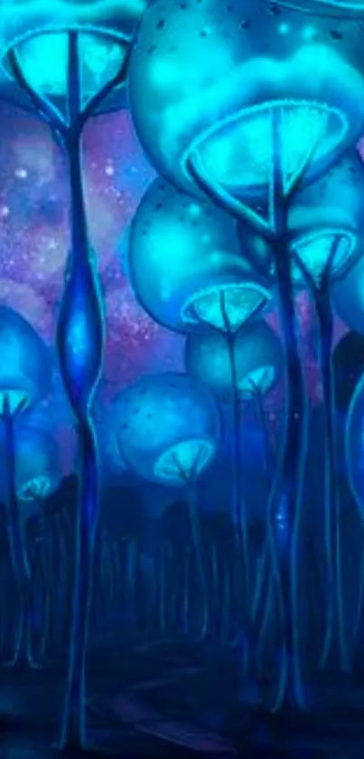 Mystical blue forest wallpaper with glowing mushroom-like trees.