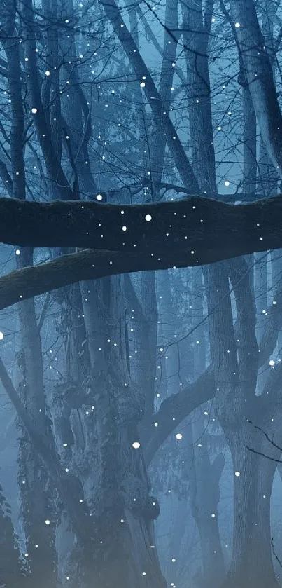 Mystical blue forest with snowflakes falling gently in the woodland.