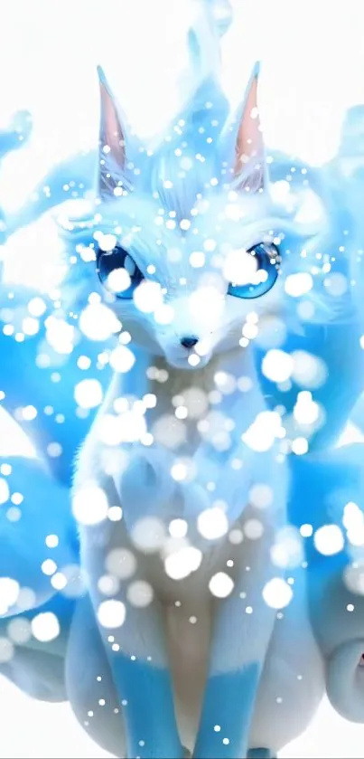 Ethereal blue fox surrounded by magical snowflakes.