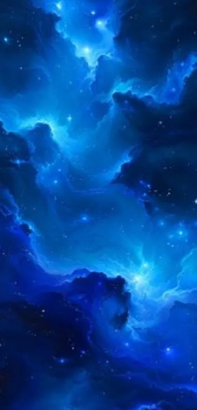 Blue galaxy wallpaper with stars and cosmic clouds.