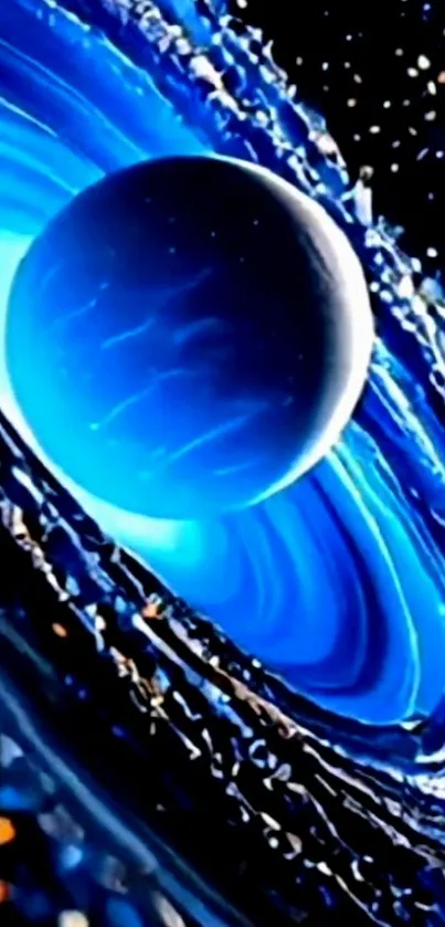 Blue galaxy wallpaper with a central planet and cosmic details.