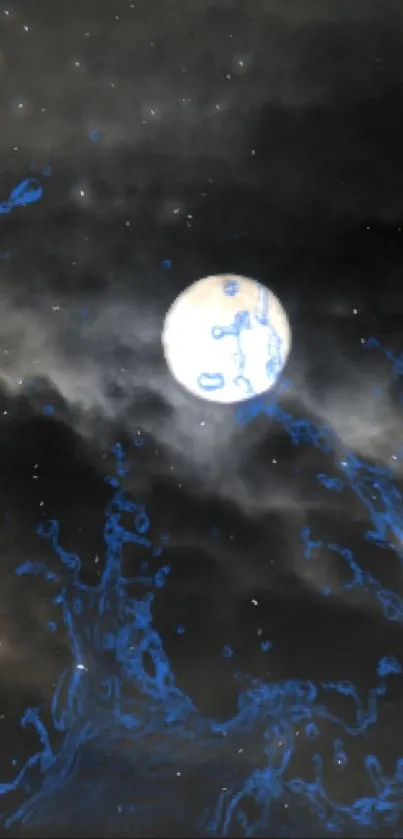 Blue galaxy wallpaper with glowing moon and swirling patterns.
