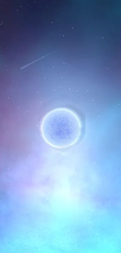 Mystical blue galaxy wallpaper with a glowing sphere and stardust.