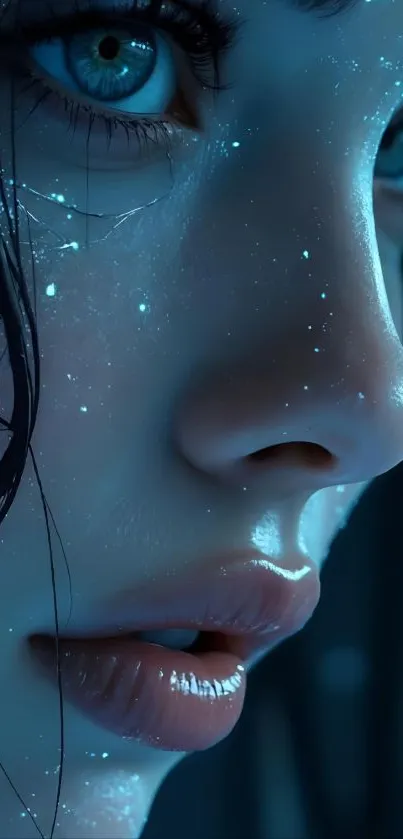 Close-up of a mystical blue-eyed digital face with sparkling details.