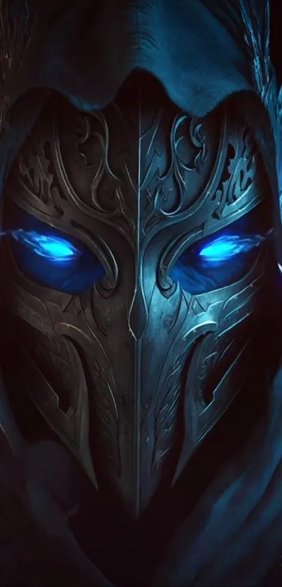 Hooded warrior with blue glowing eyes in fantasy art style.