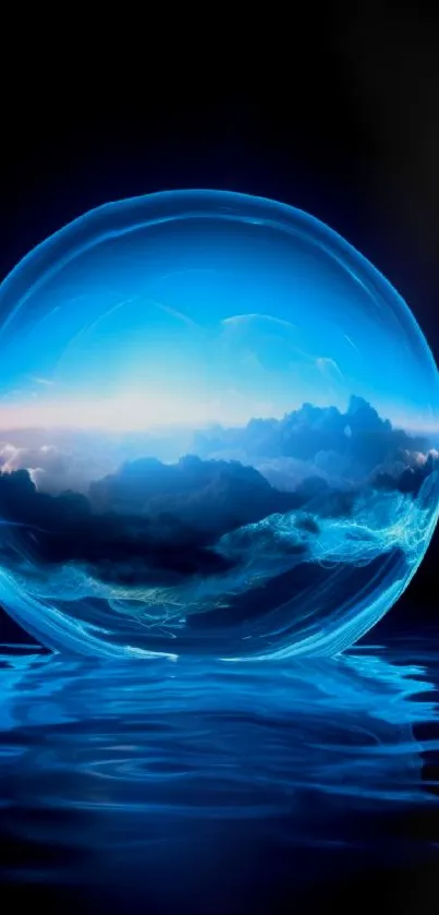 Mystical blue globe floating above reflective waters on a phone wallpaper.