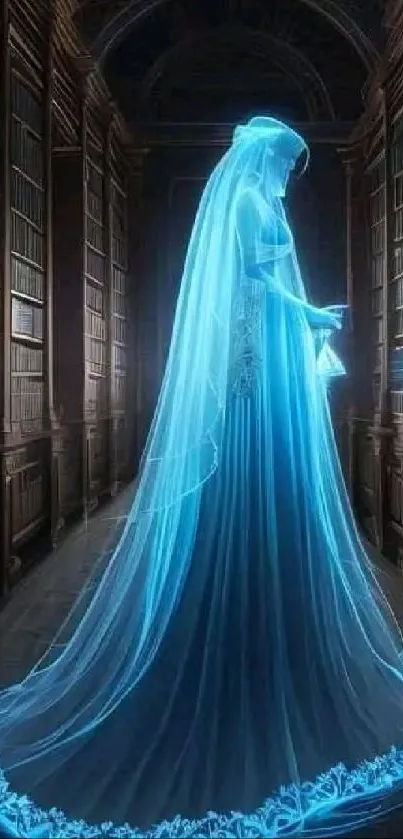 Mystical blue glowing figure in a library wallpaper.