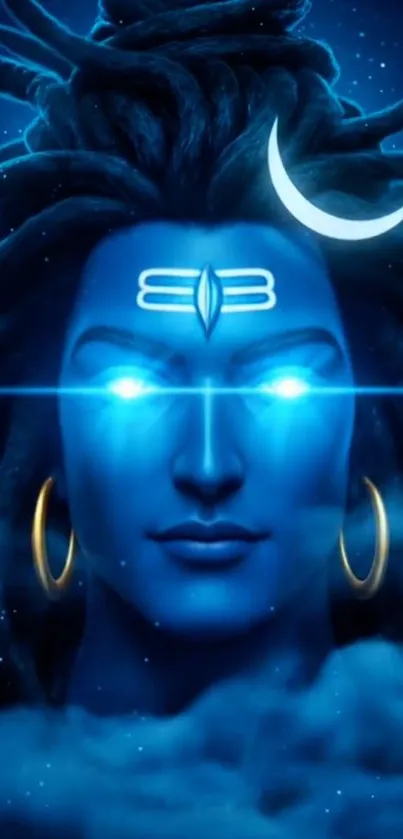 Mystical blue god with glowing eyes.