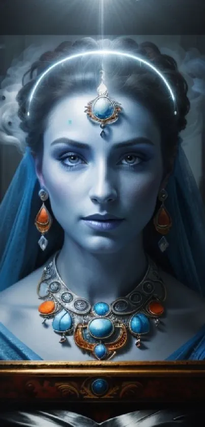 Blue goddess artwork with jewelry and mystical aura.